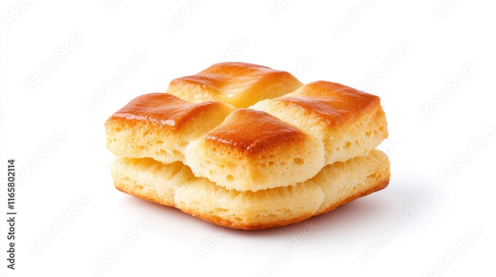 A stack of golden, flaky biscuits on a white background. A stack of golden, flaky biscuits on a white background.