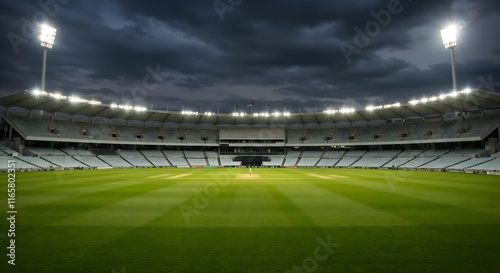 Majestic cricket stadium under moody evening skies, glowing floodlights over a well-maintained pitch and empty grandstand seating. photo