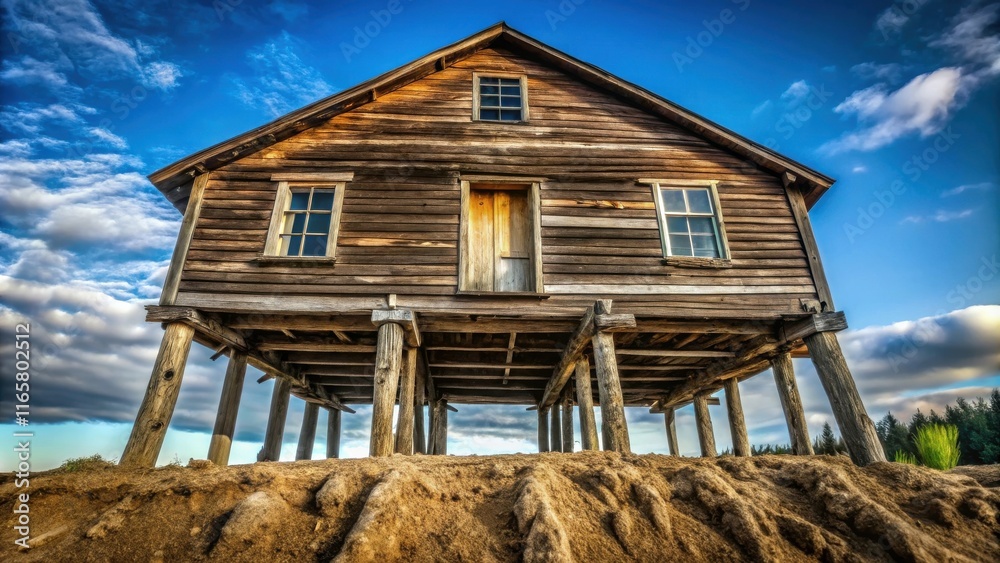 A weathered wooden house stands on tall stilts against a backdrop of fluffy white clouds and a bright blue sky A weathered wooden house stands on tall stilts against a backdrop of fluffy white clouds and a bright blue sky