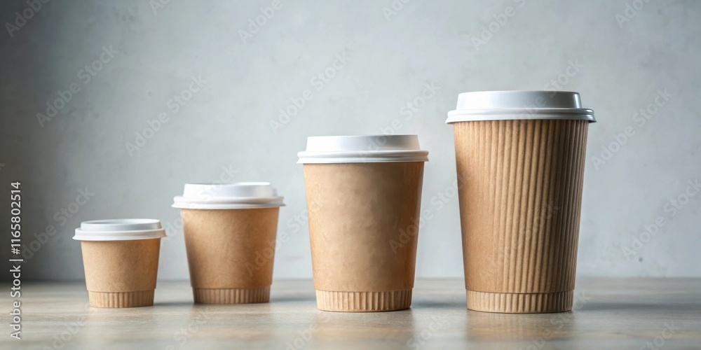 Four disposable paper cups in various sizes lined up on a table against a gray background