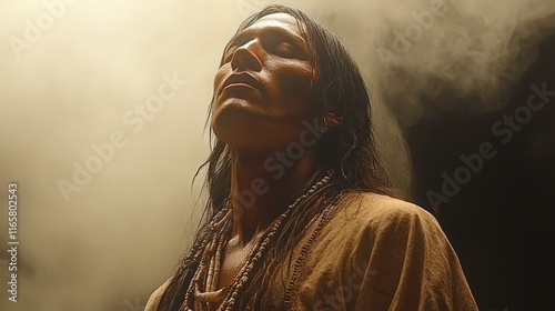 Ethereal Portrait of a Native American Man in Traditional Attire Surrounded by Mystical Smoke, Capturing Spiritual Connection to Nature and Heritage
