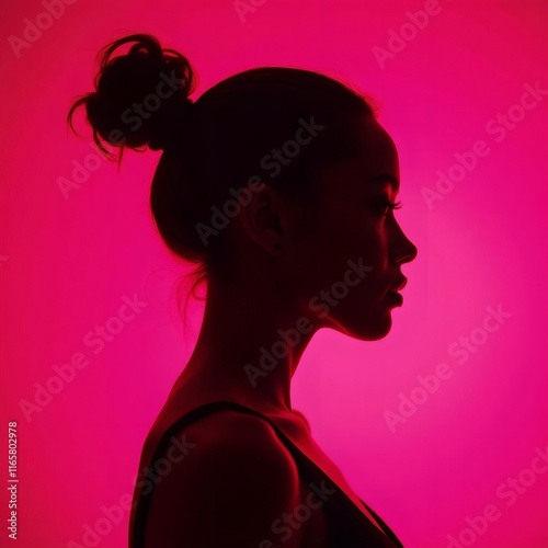 Una silueta femenina iluminada por un fondo rosa vibrante, destacando su perfil elegante y su peinado recogido en un moño alto, creando una atmósfera moderna y artística
