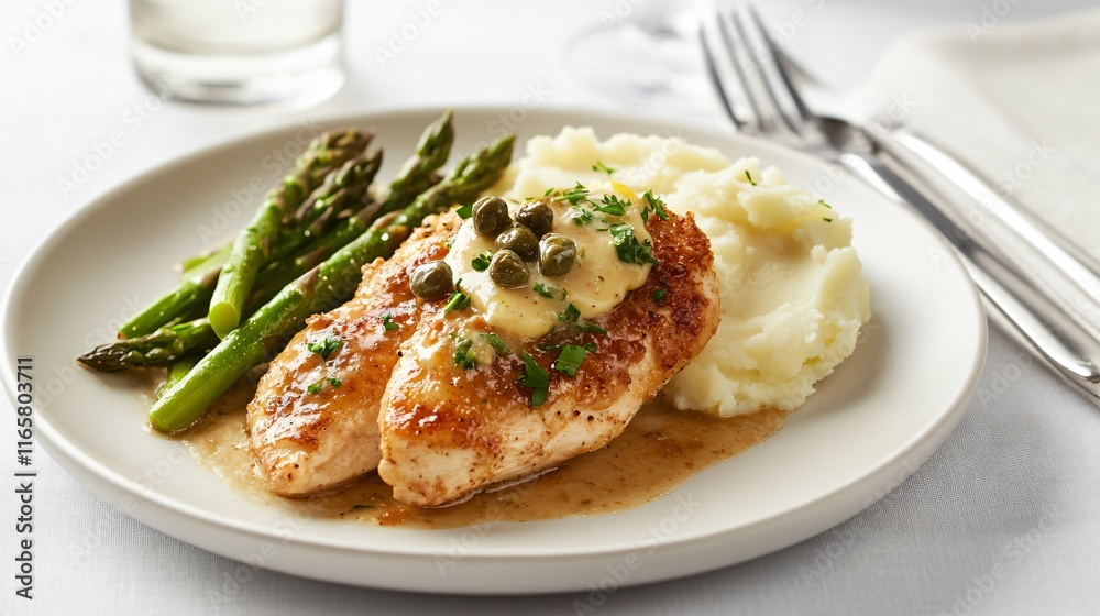 Elegant Chicken Piccata with Lemon Butter Sauce Capers Mashed Potatoes and Asparagus Garnish Elegant Chicken Piccata with Lemon Butter Sauce Capers Mashed Potatoes and Asparagus Garnish