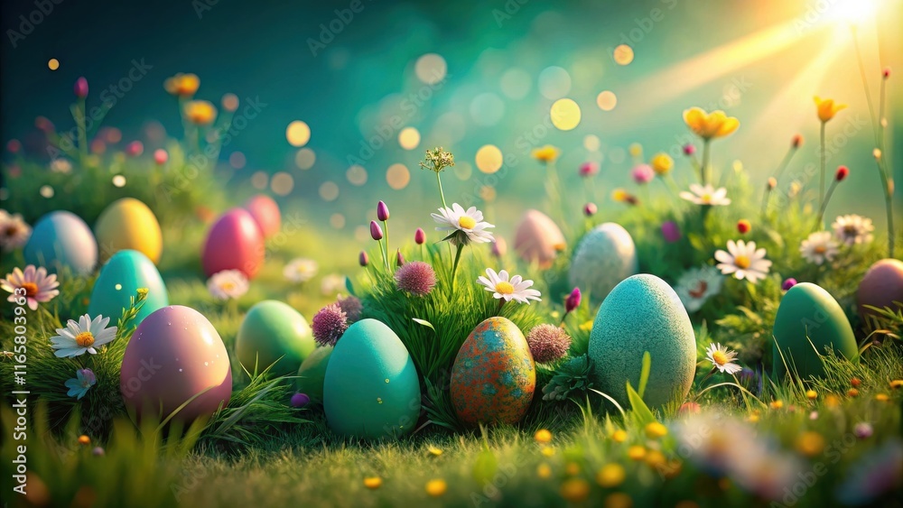 Fototapeta premium A springtime meadow with a cluster of colorful Easter eggs nestled among the wildflowers and green grass, bathed in the warm glow of the rising sun.