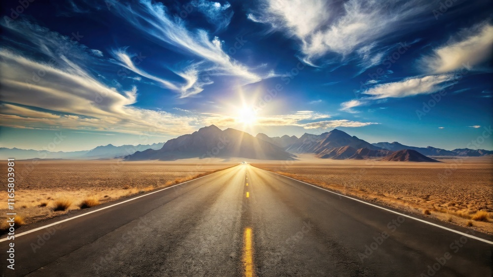Naklejka premium A long, straight road through the desert leading to a distant mountain range, with the sun shining brightly in the sky.