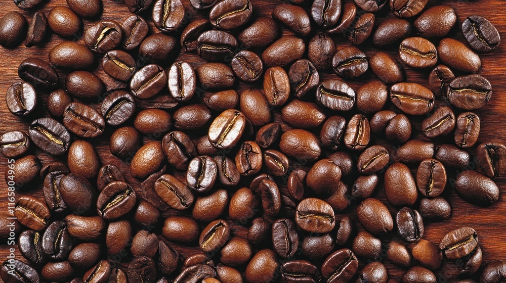 Fototapeta premium Roasted coffee beans scattered on a wooden surface.