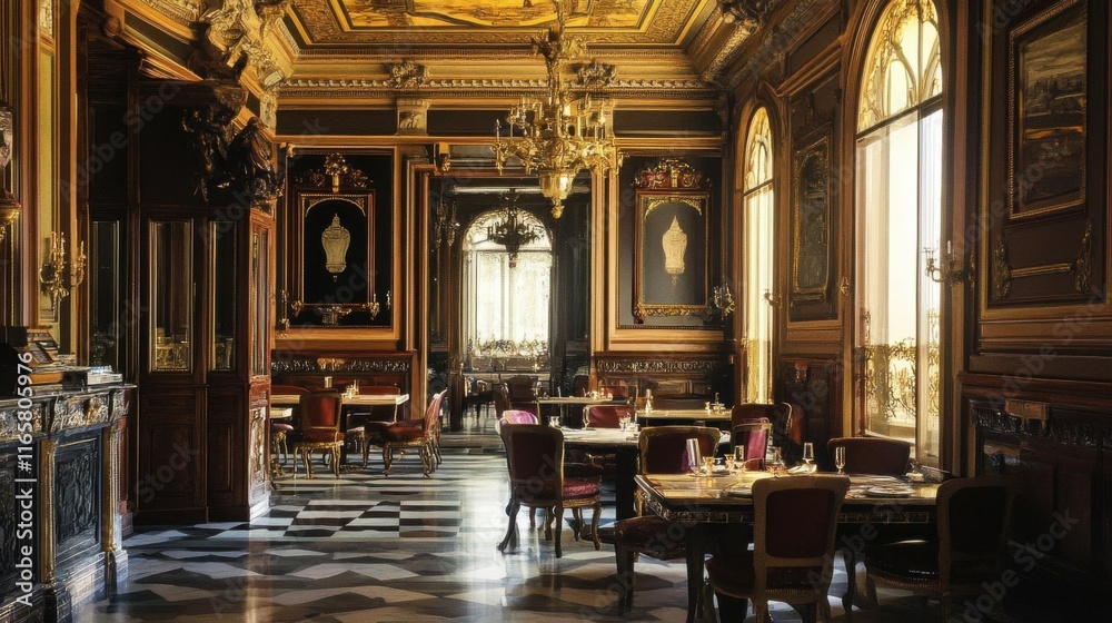 Fototapeta premium Opulent Dining Hall: Gilded Elegance & Classic Interior Design