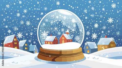Snow Globe Town Snowflakes Cartoon Vector Illustration