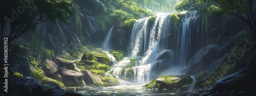 A majestic waterfall cascades down moss-covered rocks