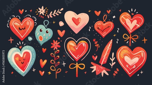 Valentine's Day Cartoon Icons, Lettering, Elements - Festive Love Illustration