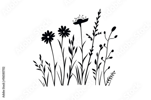 Silhouette of wildflowers and grasses against a white background.  A simple, elegant floral design. photo