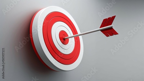 A red dart hits the bullseye of a 3d dartboard, symbolizing successful business goal achievement through accurate aiming and strategic marketing