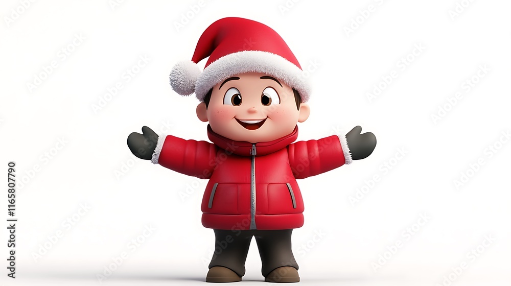 A cute 3D rendering of a child wearing a santa hat, gloves, and red coat. A cute 3D rendering of a child wearing a santa hat, gloves, and red coat.