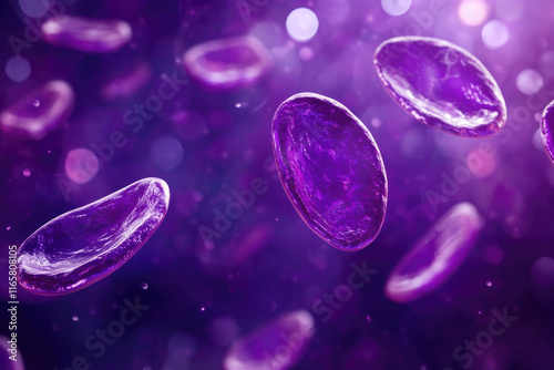 Transparent drops suspended on a luminous purple background float gracefully, emphasizing the organic nature of the bright and abstract composition. disease in a Lupus microscope photo