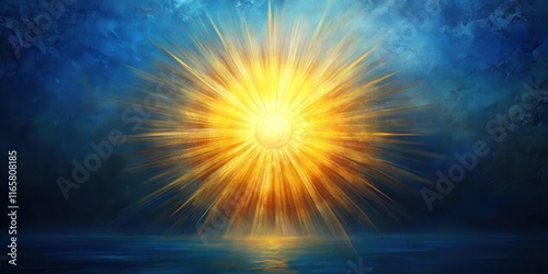 A golden sun bursts from the blue canvas, its rays radiating outward towards the horizon, creating a dramatic and mesmerizing effect.