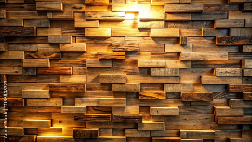 A wall covered in a mosaic of wooden planks, lit from above, casting warm shadows across the textured surface. A wall covered in a mosaic of wooden planks, lit from above, casting warm shadows across the textured surface.