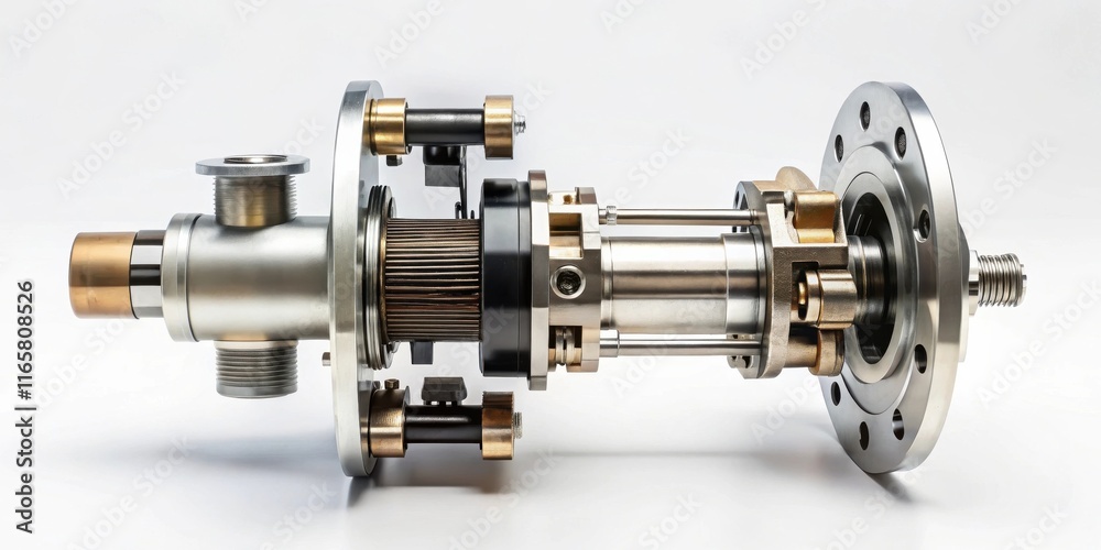 Complex metallic assembly featuring a threaded pipe, a filter, and a rotating mechanism with multiple flanges. Complex metallic assembly featuring a threaded pipe, a filter, and a rotating mechanism with multiple flanges.