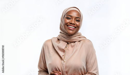 Portrait of happy black muslim lady in hijab laughing, looking and posing at camera, standing isolated over white studio background, empty space. African American lady in headscarf smiling
