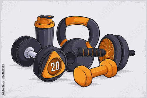 Hand drawn fitness workout kit of kettlebell, round dumbbell, ab roller, neoprene dumbbell, shaker