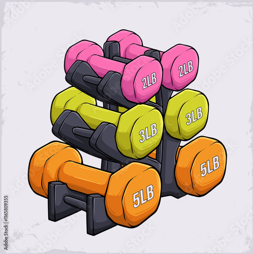 Hand drawn set of colorful, different weights neoprene coated dumbbells for workout fitness training