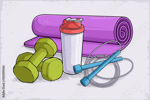 Hand drawn set of CrossFit fitness pack, bottle of water, yoga mat, neoprene dumbbells, jump rope