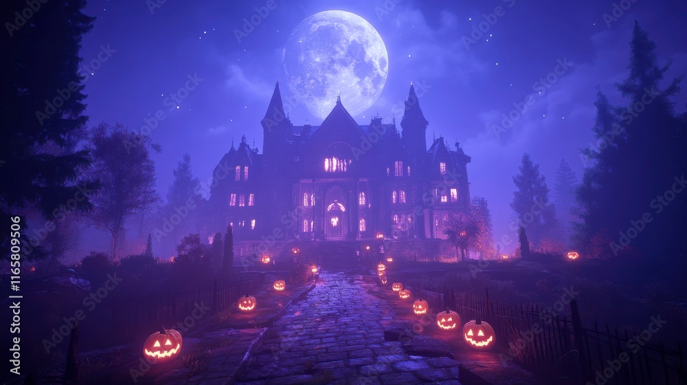 Naklejka premium Mysterious Mansion Under Full Moon with Lanterns