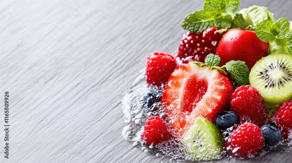 Fresh fruits arranged with mint leaves on a textured surface. Fresh fruits arranged with mint leaves on a textured surface.