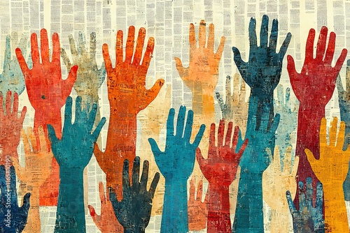 Many hands raised in unity, a vibrant symbol of participation and togetherness.