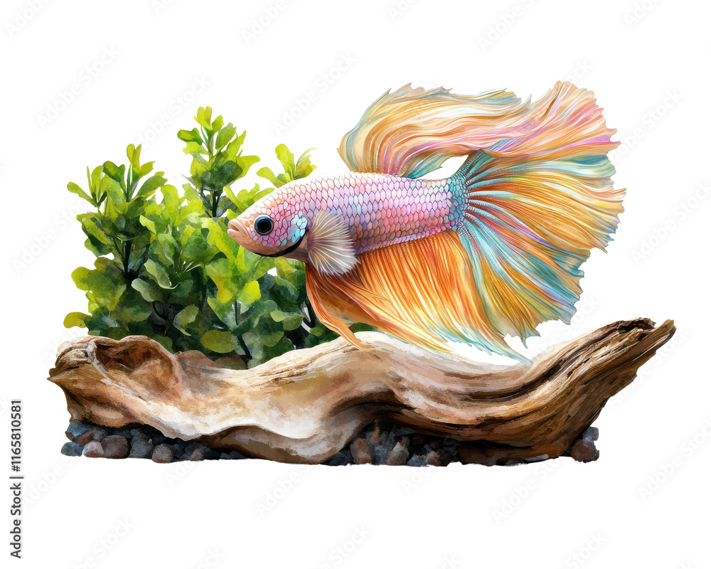 Fototapeta premium Colorful betta fish swimming among aquatic plants in a natural setting.