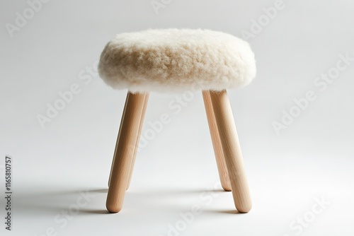Cozy sheepskin stool with light wood legs. Perfect for a child's room or minimalist living space.
