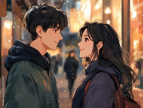 Young Couple Shares a Smile: Romance, Love, Affection in the City Lights at Dusk, Winter Date