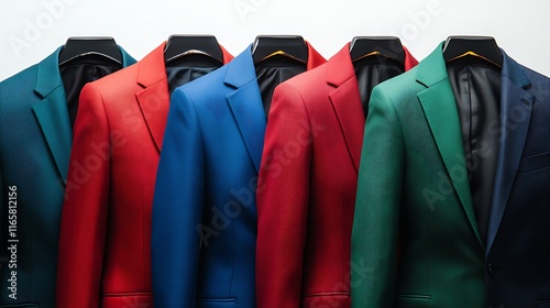 A row of colorful blazers hanging.