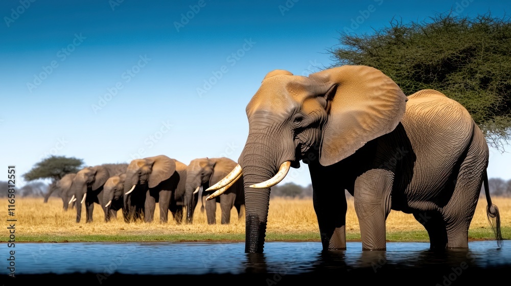 Fototapeta premium A group of elephants near a water source in a natural landscape.