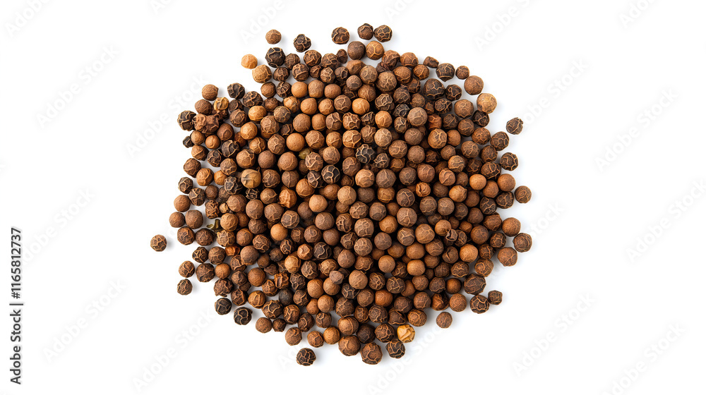 top view on one single black peppercorns pile heap isolated on white background top view on one single black peppercorns pile heap isolated on white background