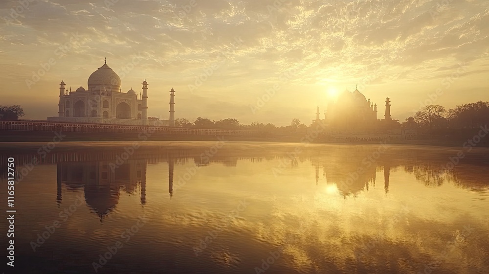 Naklejka premium A majestic view of the Taj Mahal at sunset, reflected in the calm waters of the Yamuna River, with soft golden light and a clear sky