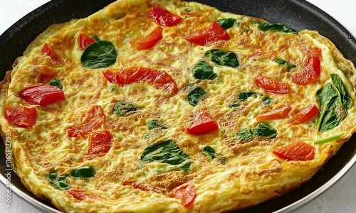 Omelette garnished with chilies in a frying pan, closeup photo