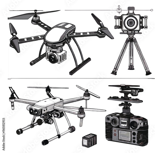 Drone silhouette vector, drone camera icon black silhouette