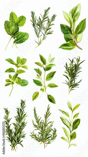 Wallpaper Mural A Vibrant Collection of Fresh Herbs in Watercolor Style. A Detailed Botanical Illustration of Rosemary, Mint, Oregano, and Bay Leaves. Perfect for Kitchen Decor and Food-Themed Designs. Torontodigital.ca