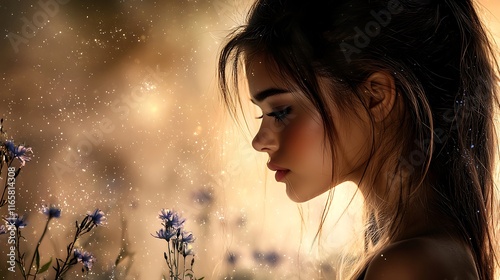 A photorealistic depiction of a woman gazing at radiant crystals within a shimmering flower-filled meadow, her silhouette framed by glowing blue tones, Ultra-Realistic, Photo Realistic, highly  photo