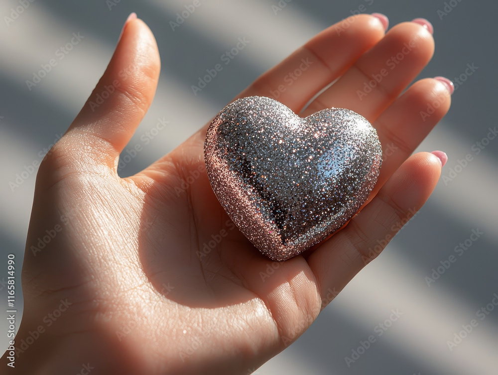 hand holding glittering heart ornament, symbolizing love and joy hand holding glittering heart ornament, symbolizing love and joy