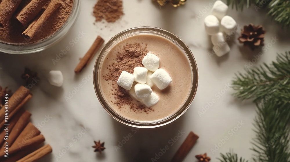 Fototapeta premium Top view of hot chocolate with marshmallows and cinnamon.