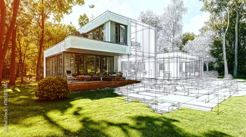 Modern sustainable house project merging with finished building in a green environment