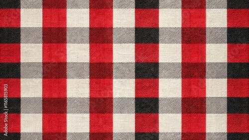 A Seamless Pattern of Red, Black, and White Checks on a Woven Fabric Background