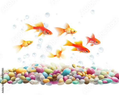 Colorful goldfish swimming above a bed of multicolored pebbles, white isolate background.
