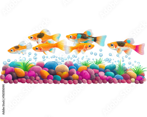 Colorful goldfish swimming among vibrant underwater pebbles and plants. photo