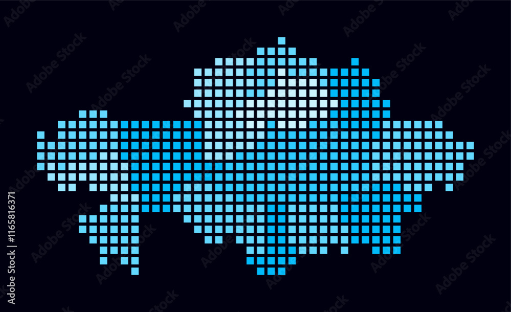 Fototapeta premium Kazakhstan dotted map. Digital style map of the country on a dark background. Kazakhstan shape with square dots. Colored dots style. Large size squares. Abstract vector illustration.