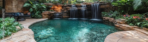 Lush Jungle Oasis: A hidden tropical waterfall cascading into a crystal-clear lagoon, surrounded by exotic, oversized plants and vibrant flowers