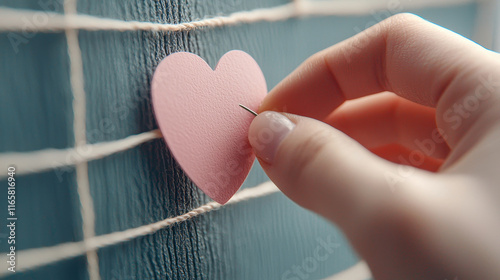 Close up of hand pinning pink heart note onto textured wall