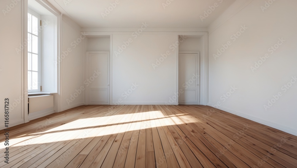 Fototapeta premium Minimalist empty room with white walls and wood floors