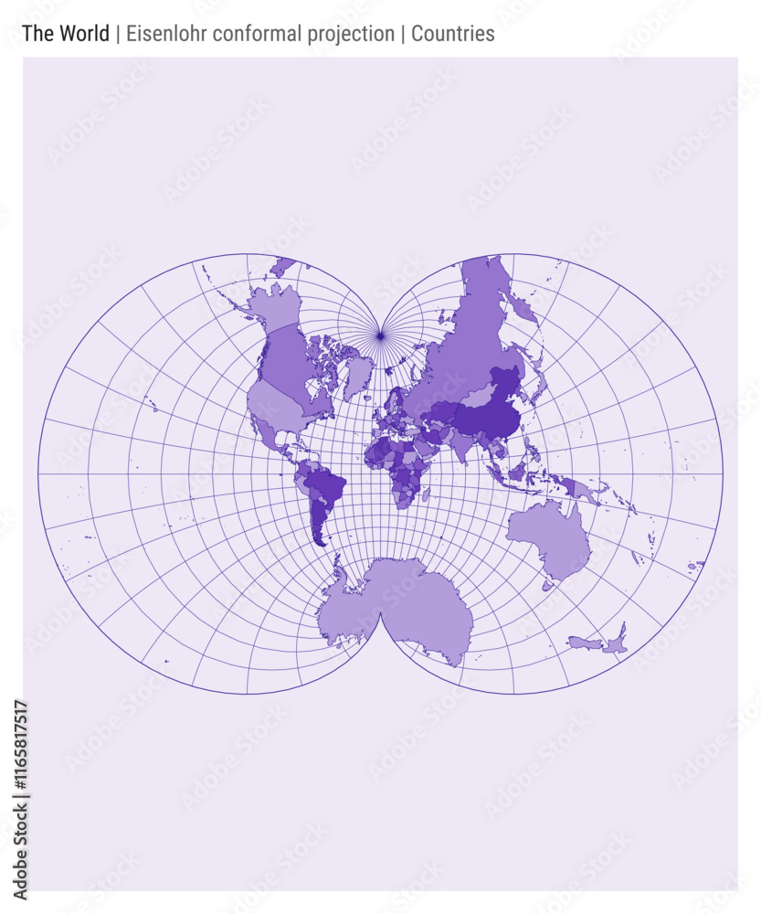 Naklejka premium World Map in Eisenlohr conformal projection, featuring countries in a high-detail style. Ideal for infographics, education, reports, and presentations. Vector illustration.